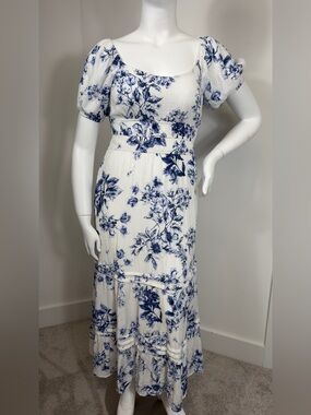 Max + Ash White & Blue Floral Midi Dress Puff Sleeves Smocked Waist XL